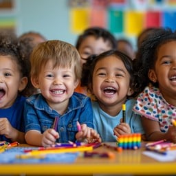 Children laughing and playing in a colorful classroom